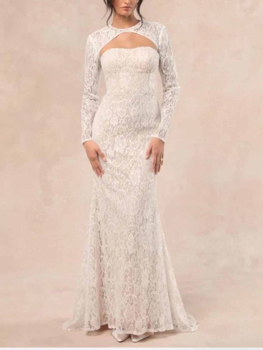 NWT Lulus Neska White and Beige Lace Maxi Dress and Shrug Set
